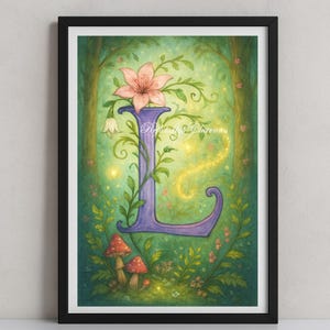 Ilustración de la letra L del alfabeto: bosque mágico – Póster digital de la letra L – Descarga instantánea – Universo mágico