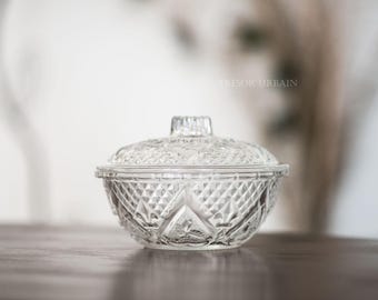 Glass sugar bowl - Vintage sugar bowl - 1980s - Round glass candy dish