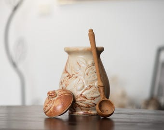 Vintage Vallauris ceramic olive pot – olive leaf pattern – with wooden ladle – kitchen decor