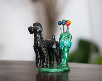 Vintage ceramic poodle – Handmade cocktail stick holder – Retro sculpture with 6 cocktail sticks