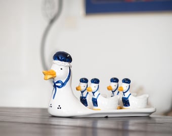 Vintage 1980s ceramic duck egg cup set – Tray + 4 ducklings – Retro kitchen decor
