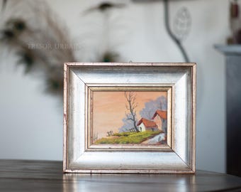 Vintage acrylic painting on wood – Rustic landscape from the 70s – Small decorative painting – Boho style