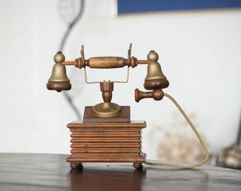 Vintage wooden and brass-colored metal telephone jewelry box, retro decorative box, antique telephone, original jewelry storage