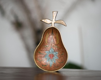 Vintage brass and enamel trinket tray | Floral handcrafted decoration | 1980s pear-shaped retro decorative object
