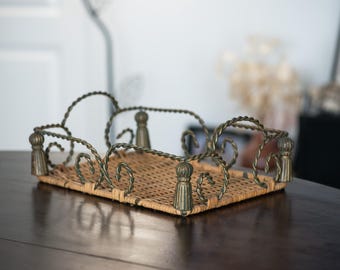Vintage wicker and wrought iron tray – Rustic decorative tray, breakfast service