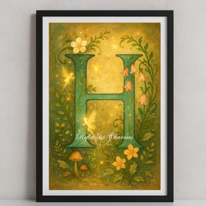 Ilustración de Hada Letra H – Arte Mágico Personalizado A4 PDF para Imprimir – Póster Infantil Encantado – Letra H Encantada