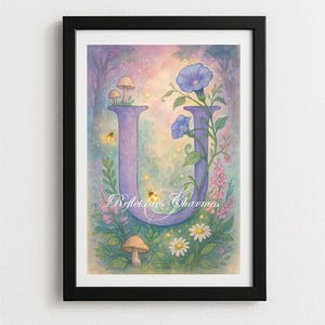 Póster imprimible de la letra U de hada • Ilustración botánica encantada (PDF A4) • Arte mural de bosque mágico y luciérnagas