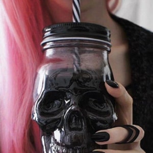 Skull Face Glass Mason Jar Mug Set
