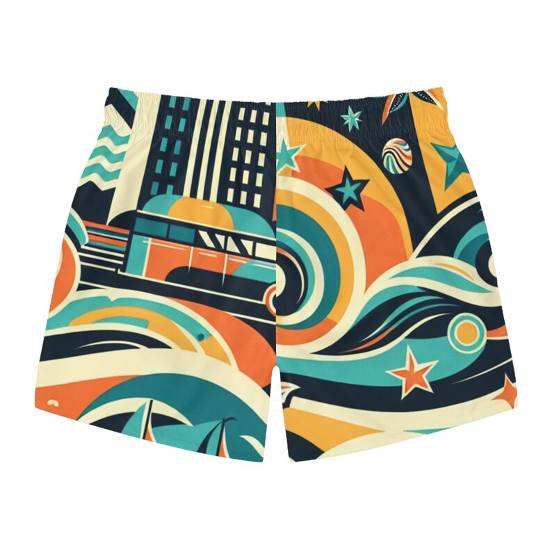 Retro Beach Scene Men's Swim Shorts Vibrant & Playful Pattern in ...