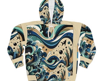 Ocean Harmony Hoodie: Dark Hue Design, Waves, Seashells, Marine Life and Underwater Flora for Sea Lovers Gifts