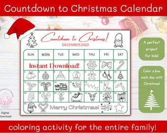 Christmas Countdown Calendar for Kids, Coloring Christmas Countdown, Kids Christmas Calendar, Kids Coloring Worksheets, Christmas Coloring