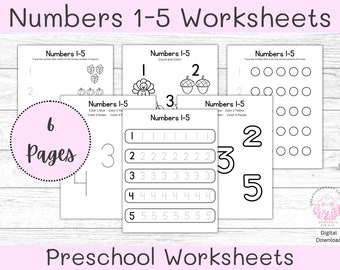 Numbers 1-5 Worksheets for Preschoolers, Preschool Worksheets, Number Worksheets, Preschool Digital Files, Preschool Pre K Printouts