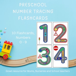 Number Tracing Flashcards | learn to write numbers | Cars and Roads | Printable template | Preschool/Nursery/Reception activity | Counting
