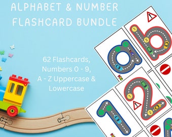 Könnte beinhalten: Ein Satz von 62 Vorschulkarten mit Groß- und Kleinbuchstaben sowie den Zahlen 0-9. Die Karten haben ein Straßenmotiv mit Autos, die entlang der Buchstaben und Zahlen fahren. Der Text auf dem Bild lautet "Preschool Alphabet & Number Flashcard Bundle 62 Flashcards, Numbers 0-9, A-Z Uppercase & Lowercase Great resource for Mums, Nurseries and School teachers"
