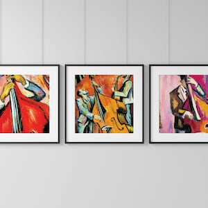 Jazz Bass Printable Music Wall Art, Set of 3 Jazz Music Decor, Musical Instrument, Digital A.I. Art, 3 Piece Stand Up Bass Theme Wall Art