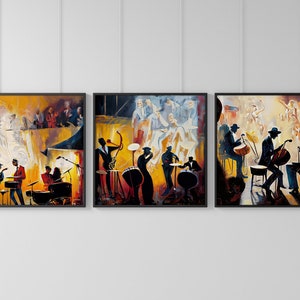 Jazz Club Players Printable Wall Art, Set of 3 Jazz Music Decor, Music Culture, 3 Piece Jazz Club Vibrant Digital Original Art, Music Poster