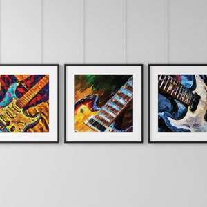 Electric Guitar Printable Wall Art, Set of 3 Rock Music Decor, Musical Instrument Poster,  Digital AI Art, 3 Piece Guitar Theme Wall Hanging