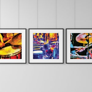 Jazz Drums Printable Music Wall Art, Set of 3 Jazz Music Decor, Musical Instrument Poster, Digital A.I. Art, 3 Piece Drums Theme Wall Art
