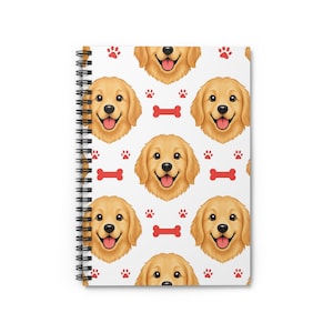 May include: A spiral-bound notebook with a repeating pattern of smiling golden retriever faces, red paw prints, and red dog bones on a white background. The notebook has a black spiral binding.