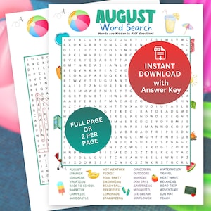 May include: Two printable August word search puzzles with summer-themed words like "sunshine" and "vacation." The design includes beach balls, a lemonade drink, and the text "Instant Download with Answer Key."