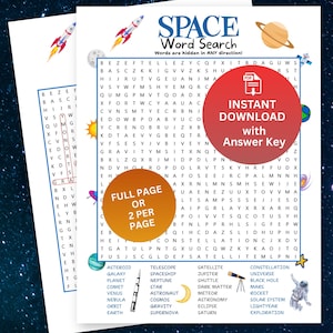 May include: A printable space-themed word search puzzle with a red circle that says "Instant Download with Answer Key". The puzzle includes words like "asteroid" and "galaxy". The image also has a rocket ship and planet illustrations.