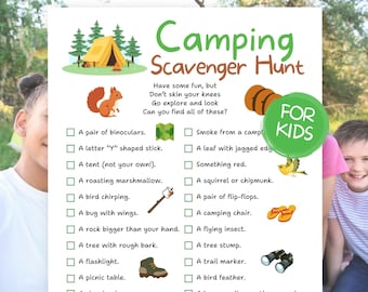 May include: A colorful camping scavenger hunt checklist for kids, featuring illustrations of camping items like a tent, binoculars, and a marshmallow on a stick. The text reads "Camping Scavenger Hunt" and "For Kids".