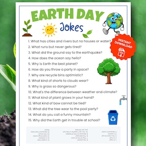 May include: A printable Earth Day themed sheet with the title "Earth Day Jokes" in green and yellow. The sheet includes 15 Earth Day-related jokes, along with illustrations of a sun, a tree, and a recycling bin. A red "Instant Download" button is visible.