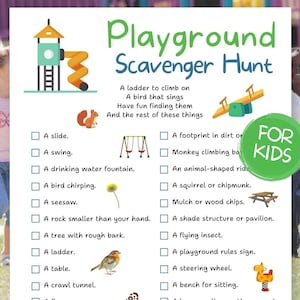 Puede incluir: Un juego de búsqueda del tesoro "Playground" en papel blanco para niños, con ilustraciones de equipos de juegos y elementos para encontrar. El texto incluye una lista de elementos como un tobogán, un columpio y el canto de un pájaro. Un círculo verde dice "FOR KIDS".
