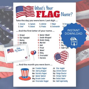 Könnte beinhalten: Ein patriotisches, druckbares Spiel mit dem Titel "What's Your FLAG Name?" mit amerikanischer Flagge, Herz und Zylinder. Der Text enthält Anweisungen für das Spiel, das in Rot, Weiß und Blau gehalten ist und als Sofort-Download verfügbar ist.