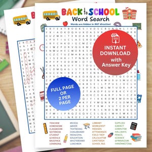 Back To School Word Search Puzzle For Kids, New School Year Classroom Activity, First Day of Class Game Idea, Beginning of School Printable