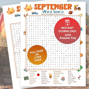 May include: Two printable September word search puzzles with an autumn theme. The pages feature the title "September Word Search" with fall-themed illustrations and a list of words to find. Includes an instant download with an answer key.