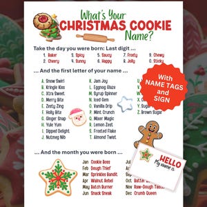 Puede incluir: Un juego de nombres de galletas navideñas con un tema rojo y verde. El juego incluye una lista de nombres, un hombre de jengibre y un letrero que dice "Hola, mi nombre es:" con un espacio para escribir un nombre. El fondo presenta galletas decoradas.