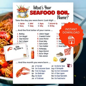 May include: A printable seafood boil name game with a red and white design. The game includes a list of names based on birth date and first name letter. An instant download button is visible.
