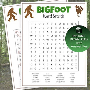 Bigfoot Word Search Game For Kids, Bigfoot Theme Birthday Party Game, Class Field Trip, Fun Camping Outdoor Activity Kids & Adults