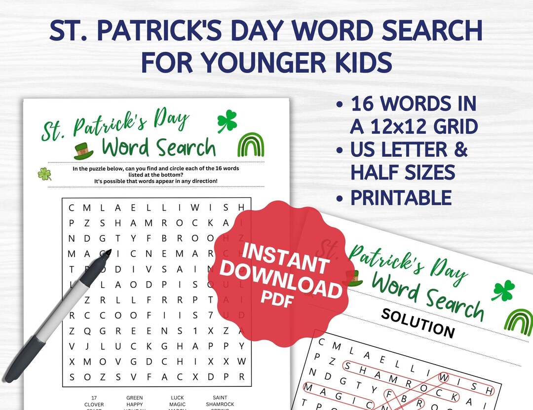 St. Patrick's Day Word Search Game Younger Kids, Themed Printable US ...