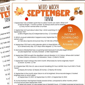 Może przedstawiać: Drukowany arkusz gry trivia zatytułowany "Weird Wacky September Trivia" z pytaniami wielokrotnego wyboru dotyczącymi miesiąca września. Arkusz zawiera grafikę "Natychmiastowe pobieranie z kluczem odpowiedzi".