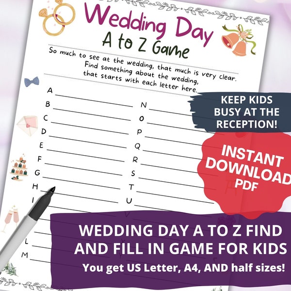 Kids Printable A-Z Wedding Day Treasure Hunt Fill In Game, Simple Fun Illustrated US Letter Instant Download Activity, Reception A to Z PDF