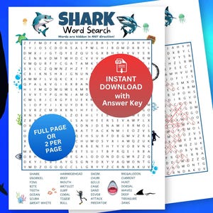 May include: A printable shark-themed word search puzzle with the text "SHARK Word Search" and "INSTANT DOWNLOAD with Answer Key". The puzzle features shark illustrations and a list of related words. The background is blue.