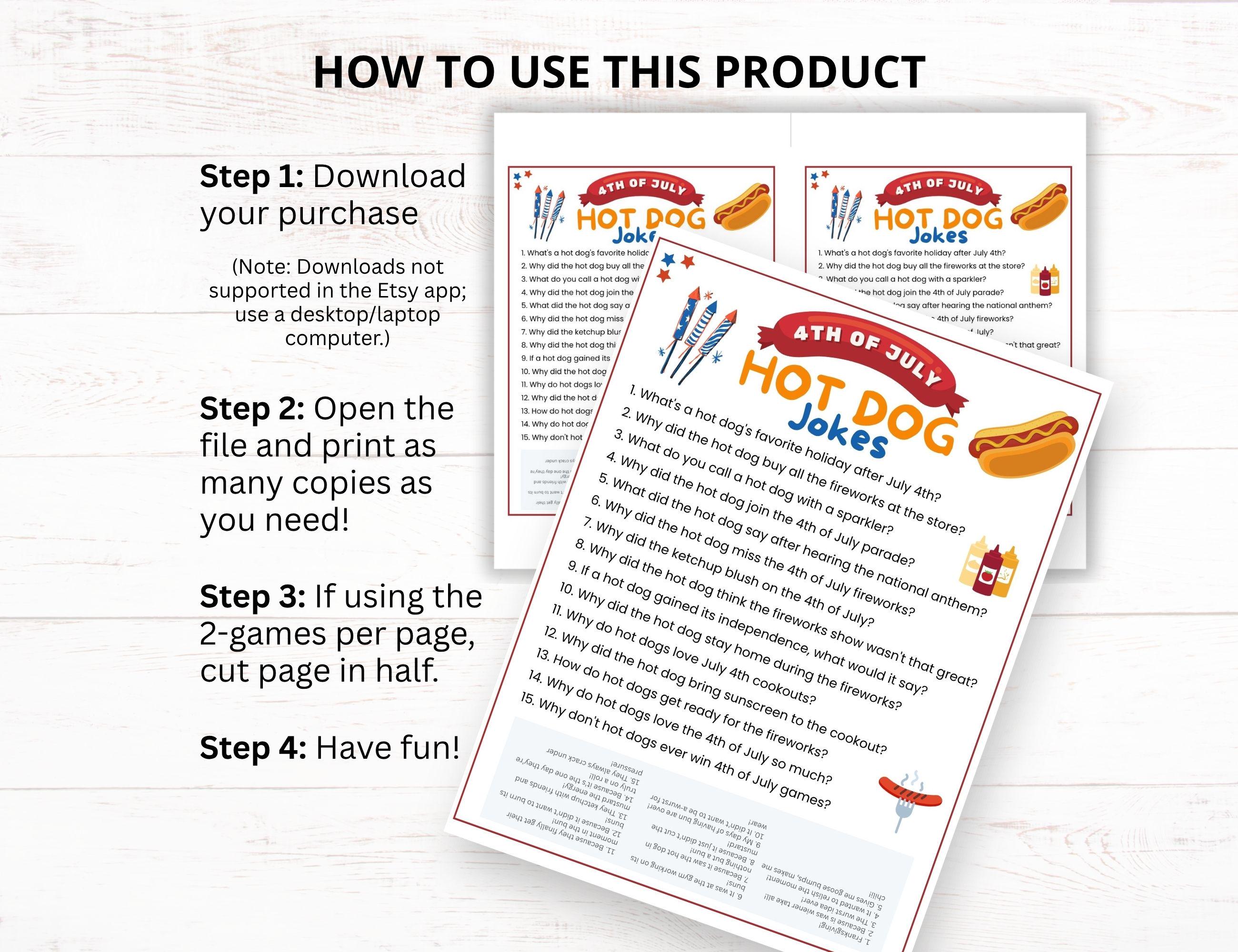 Hot Dog Riddle 4th of July Hot Dog Jokes, Kids Adults Wiener Game, BBQ Family Baby ...