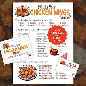 May include: A fun, colorful game sheet titled "What's Your Chicken Wings Name?" with various name combinations based on birthdate and name. Includes name tags and a sign in three sizes. The image features illustrations of chicken wings and dipping sauces.