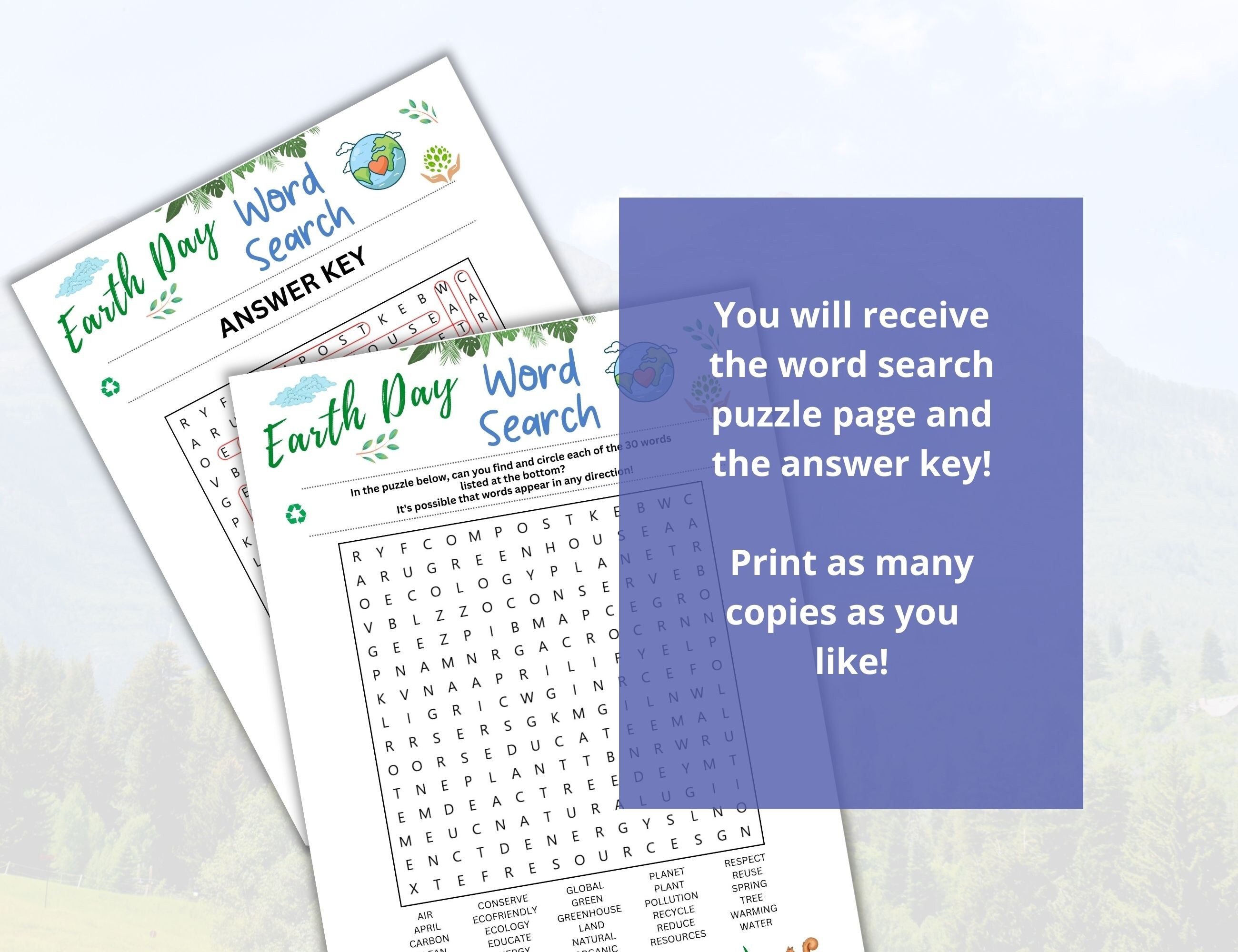 Printable Earth Day Word Search Game, Kids Colorful Illustrated US ...