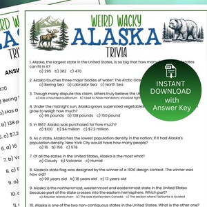 May include: A printable trivia game about Alaska, featuring questions and answers. The design includes illustrations of a moose and a bear, with the title "Weird Wacky Alaska Trivia". The game is available as an instant download with an answer key.
