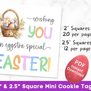 May include: Printable Easter cookie tags with a basket of colorful eggs and the text "Wishing you an eggstra special Easter!"  2" and 2.5" square tags, 20 per page for the 2" size and 12 per page for the 2.5" size.  PDF instant download.