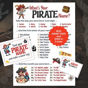 May include: A pirate-themed party game titled "What's Your PIRATE Name?" with instructions to find a pirate name based on birthdate and first name letter. Includes name tags and a sign in three sizes. Features pirate illustrations.