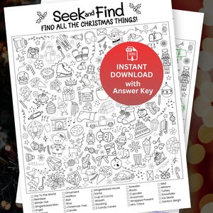 Könnte beinhalten: Schwarz-Weiß-Druckbare Weihnachts-Such- und Find-Aktivität. Die Seite ist mit festlichen Illustrationen gefüllt und enthält eine Checkliste mit zu findenden Elementen. Ein roter Kreis zeigt einen sofortigen Download mit einem Antwortschlüssel an.