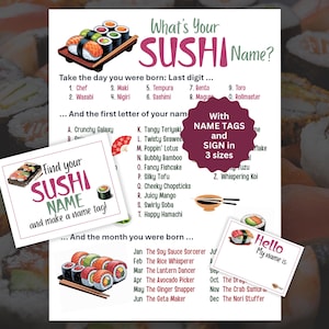 Pode incluir: Um cartaz branco com o texto "What's Your SUSHI Name?" e uma ilustração de sushi. Inclui um guia para encontrar o seu nome de sushi com base na data de nascimento e na primeira letra do nome. Inclui também etiquetas de nome e um sinal.
