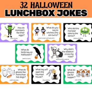 May include: A collection of Halloween-themed lunchbox jokes on colorful cards. The cards feature illustrations of monsters, ghosts, skeletons, and witches, with pun-filled questions and answers. The text at the top reads "32 Halloween Lunchbox Jokes."