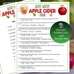 以下が含まれることがあります： 「Weird Wacky Apple Cider Trivia」というタイトルのクイズゲームシート。リンゴシードルに関する質問があります。シートには、シナモンスティックと赤いリンゴが入ったシードルのカップのグラフィックが含まれています。「Instant Download with Answer Key」というテキストが入った緑色の円も表示されています。
