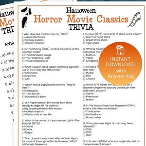 May include: A printable Halloween trivia game with questions about classic horror movies. The design features a film reel, popcorn, and a downloadable PDF icon with the text "Instant Download with Answer Key."