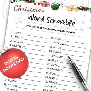 Descifrar juego de palabras navideñas, juego familiar imprimible Holiday Word Scramble, fiesta de oficina, niños adultos, archivo digital Descarga instantánea PDF